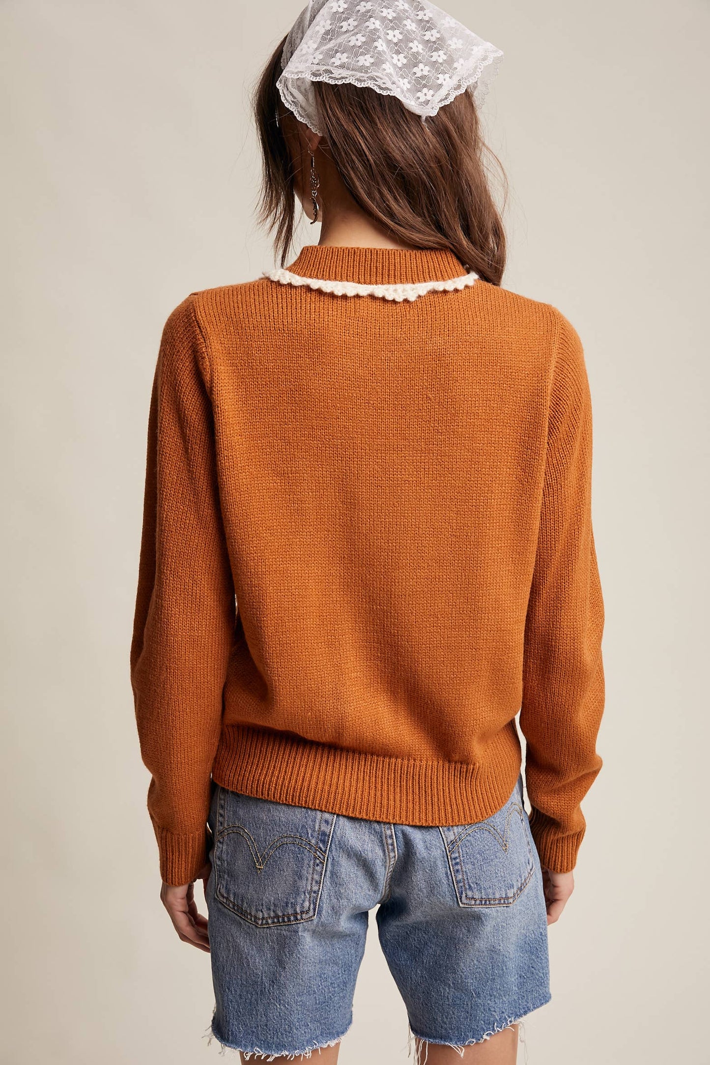 Daisy Embroidered Trim Cardigan Sweater