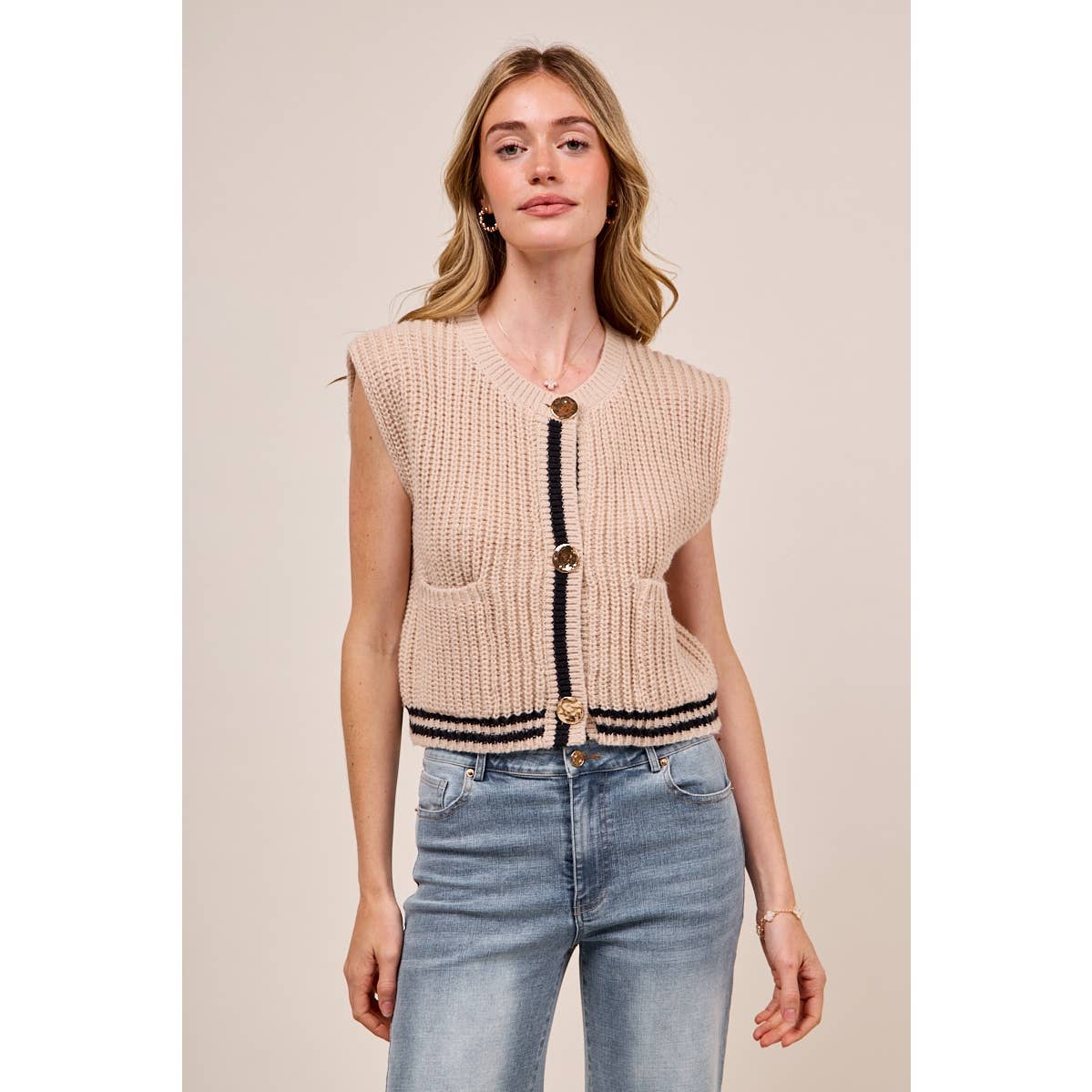 BIG METAL BUTTON FRONT STRIPE EDGE KNITTED SWEATER VEST TOP