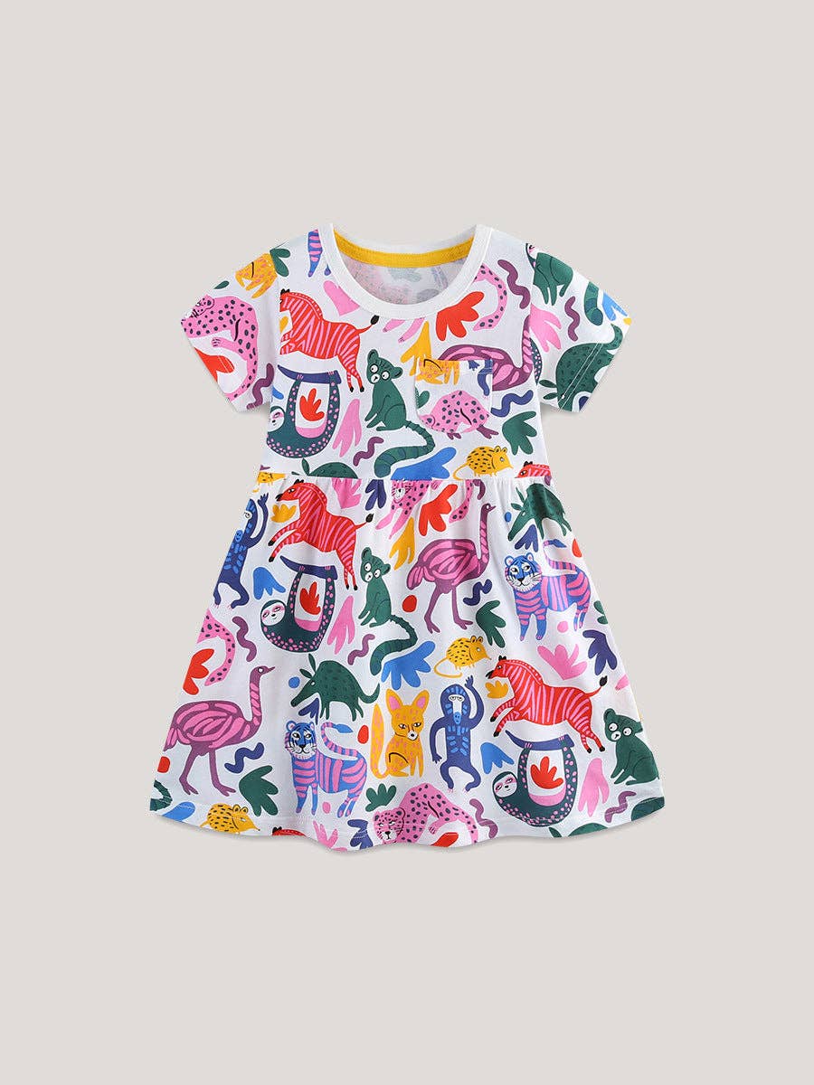 Cartoon Animal Print Short Sleeve Dress for Girls