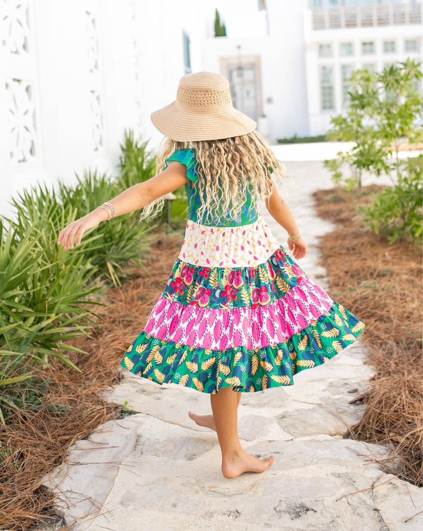 Kids Bright Pink & Green Tropical Tiered Spring Dress