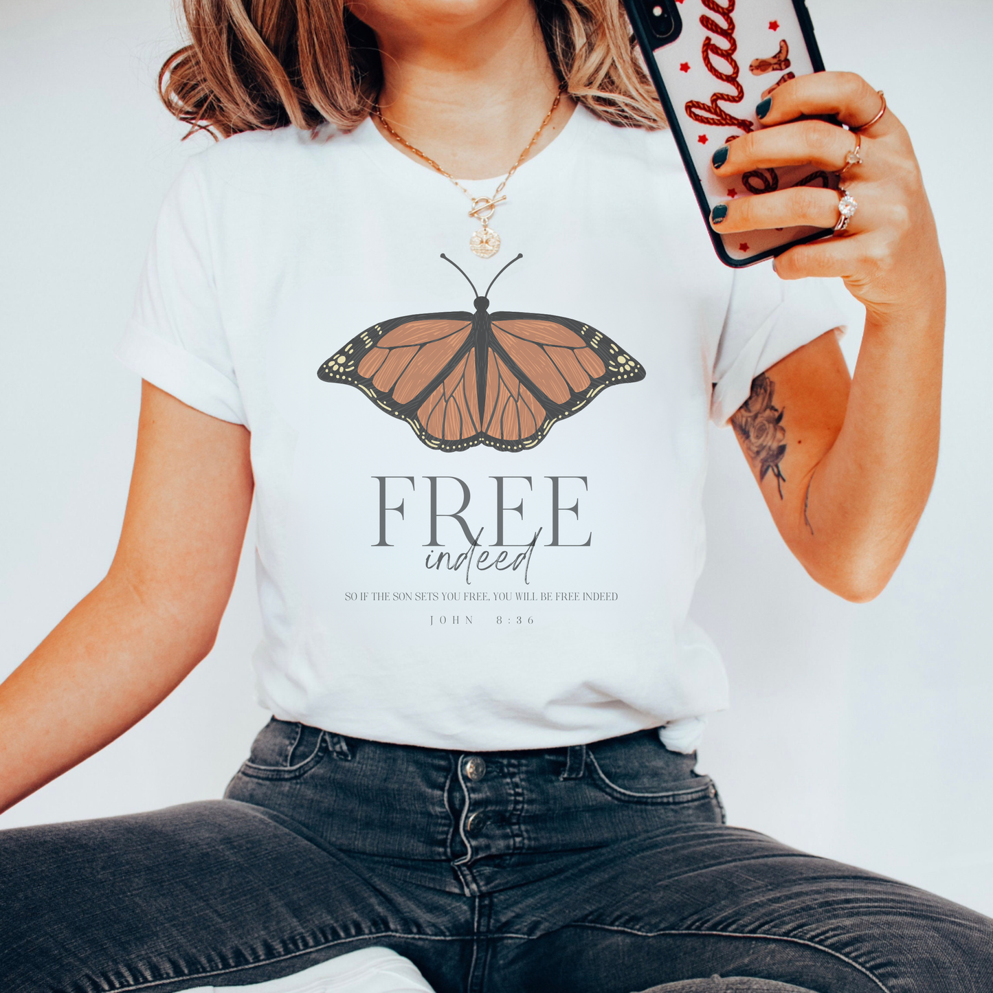 Free Indeed Monarch Butterfly Bible Verse Womens Graphic Tee
