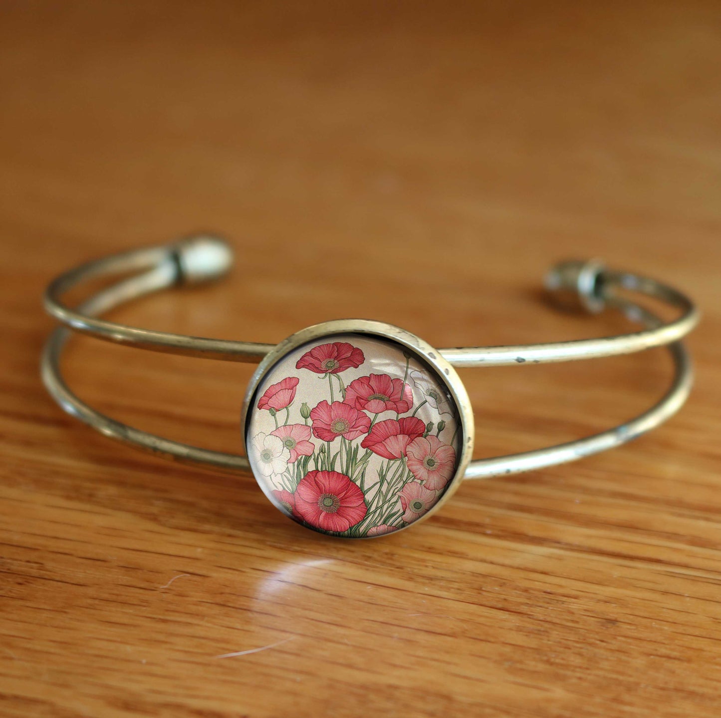 Pink and Red Poppy Flowers Glass Cabochon Cuff Bracelet