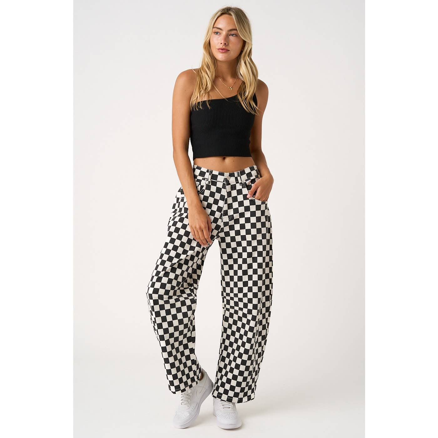 CHECKERED ELASTIC WAIST BARREL PANTS