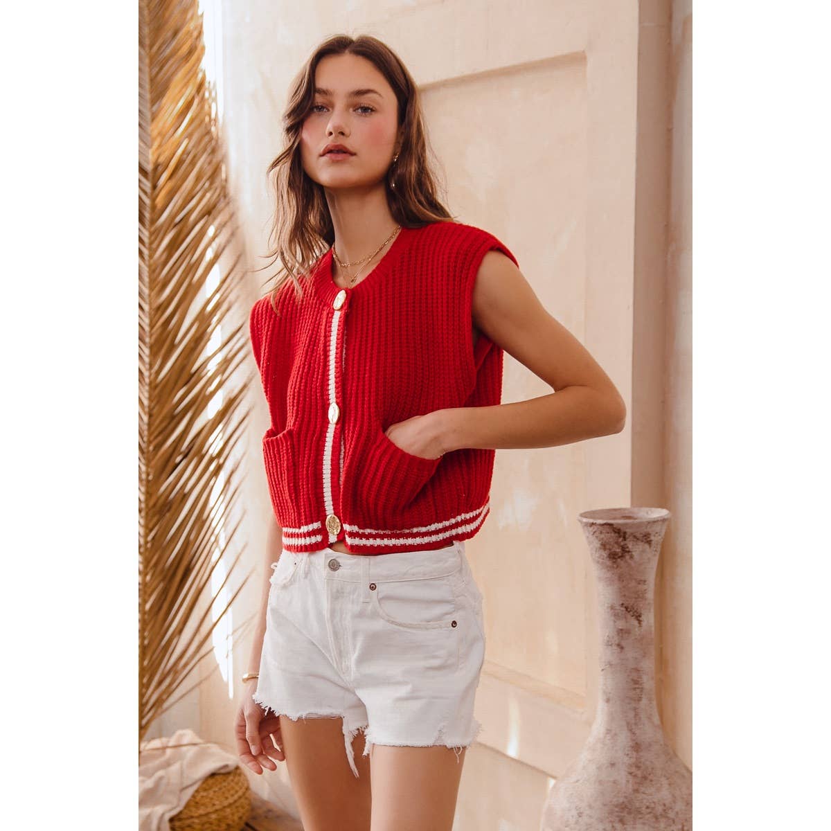 BIG METAL BUTTON FRONT STRIPE EDGE KNITTED SWEATER VEST TOP