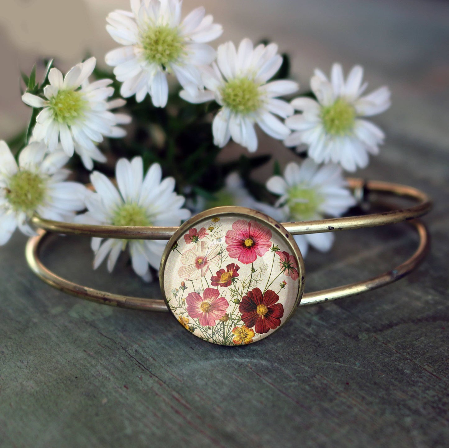 Cosmo Flowers Glass Cabochon and Brass Cuff Bracelet
