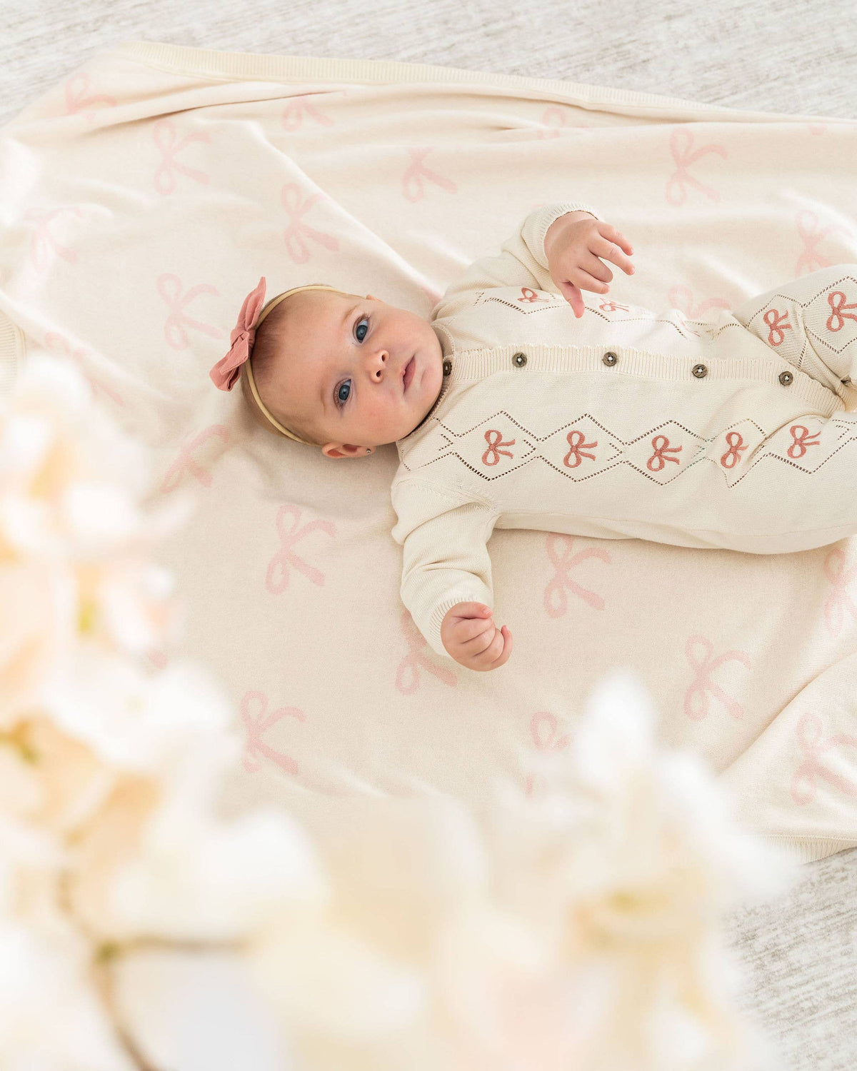 Evie Bow Pointelle Knit Baby Jumpsuit (Organic Cotton)