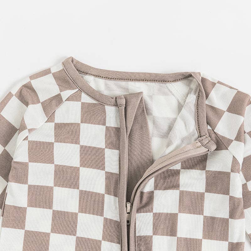 Light Gray Checkerboard Design Bamboo Zipper Romper Pajamas