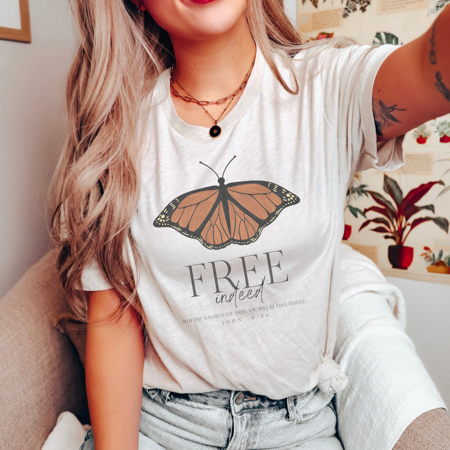 Free Indeed Monarch Butterfly Bible Verse Womens Graphic Tee