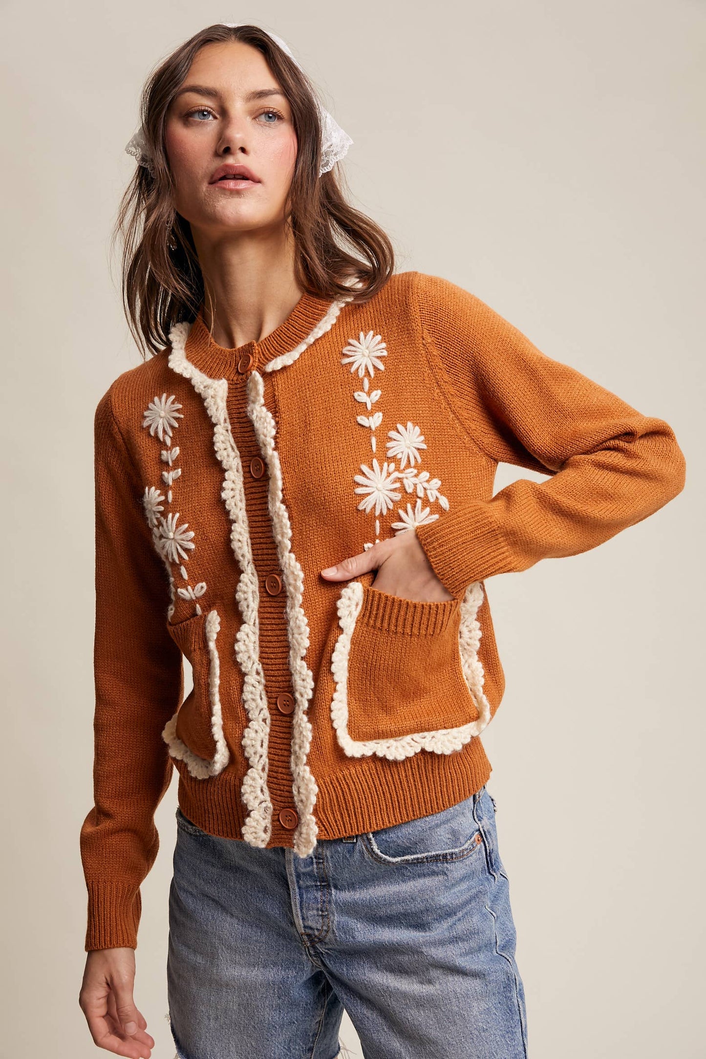 Daisy Embroidered Trim Cardigan Sweater