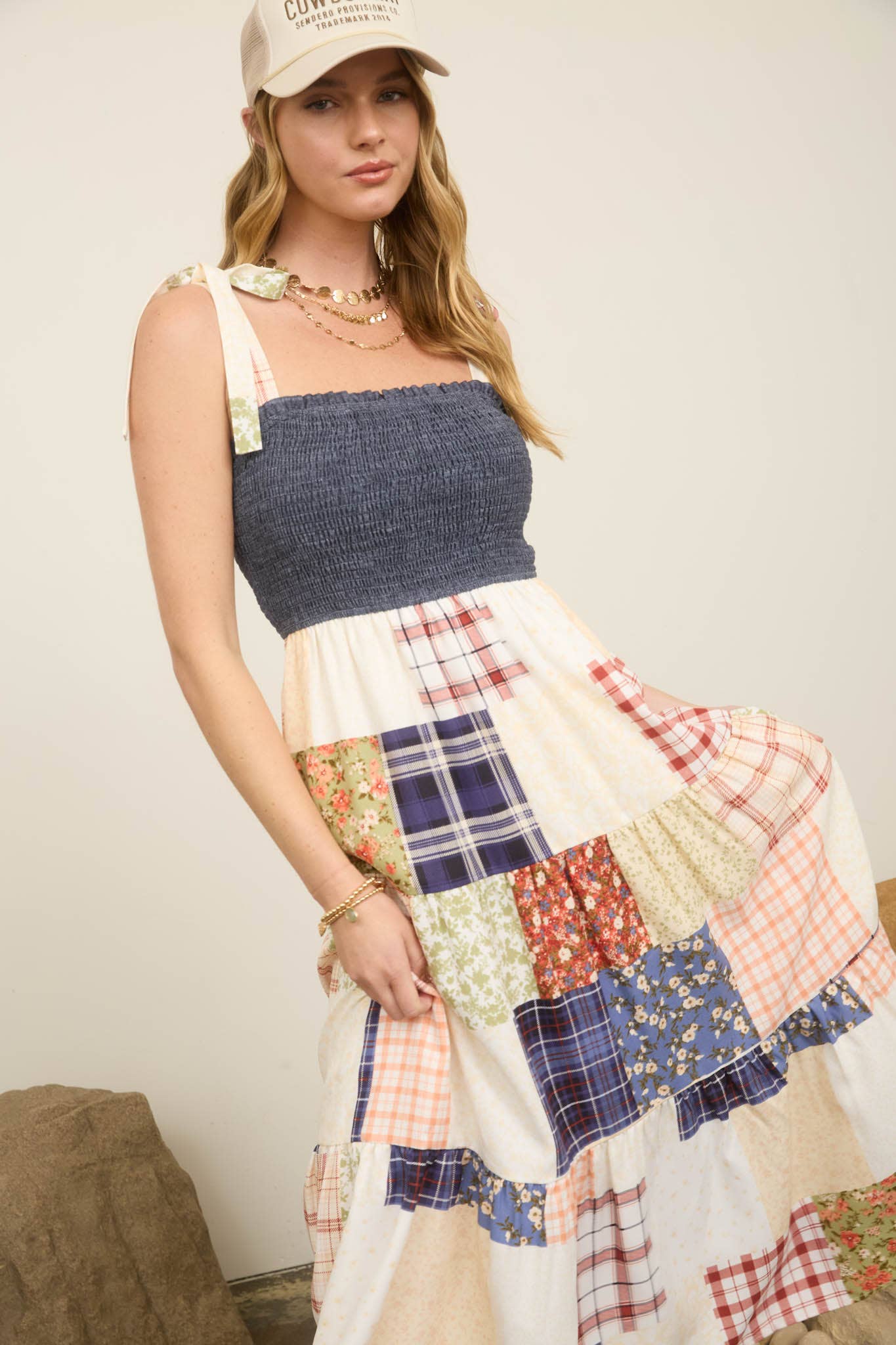 SMOCKED DENIM PATCHWORK DETAIL TIERED MAXI DRESS