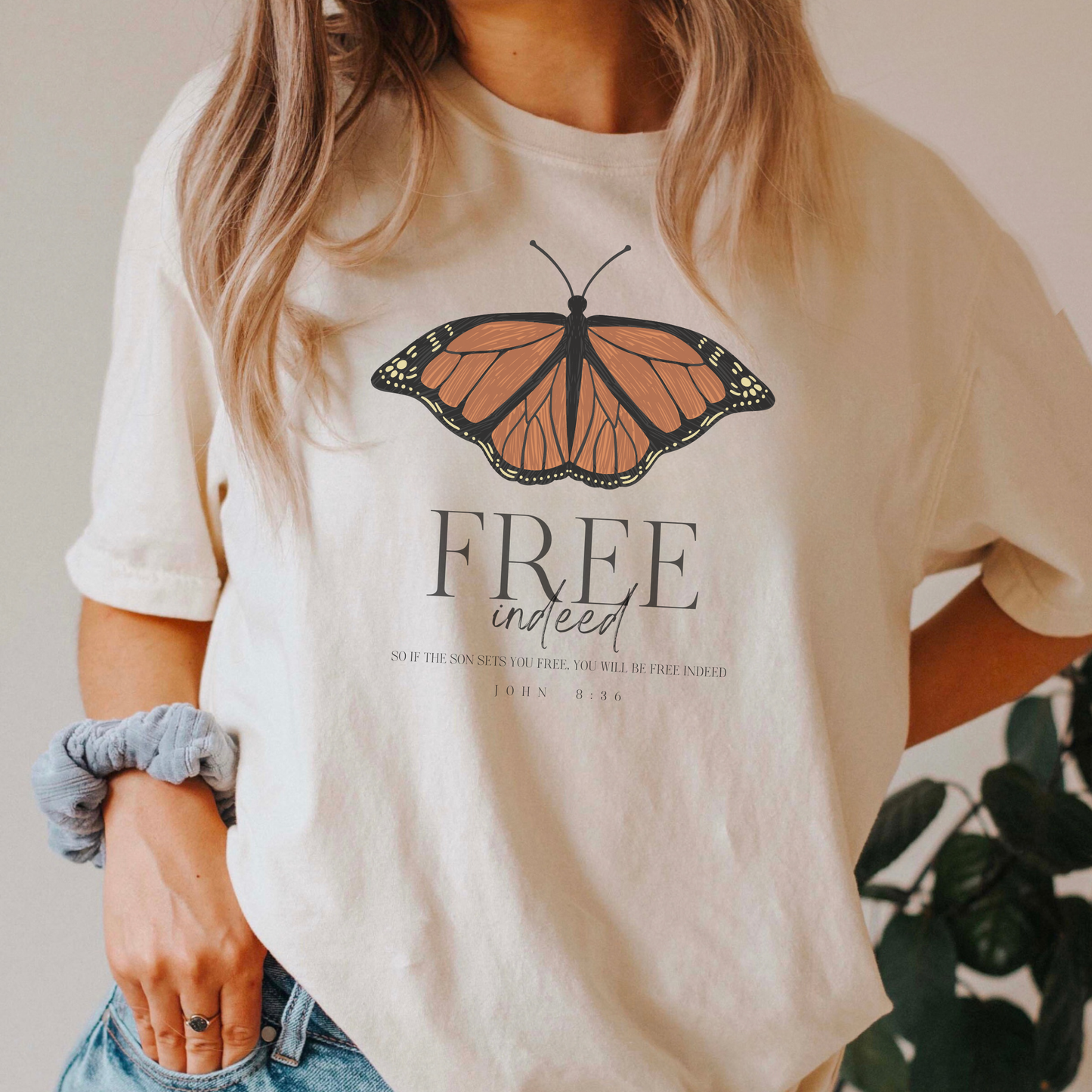Free Indeed Monarch Butterfly Bible Verse Womens Graphic Tee