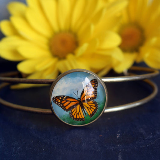 Monarch Butterfly Cottage Core Glass Cabochon Cuff Bracelet