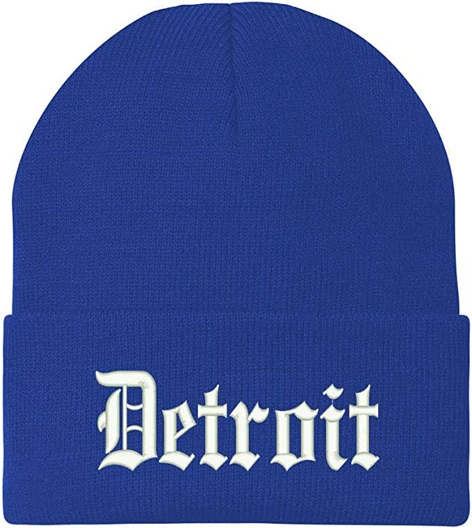Old English Font Detroit City Embroidered Long Cuff Beanie