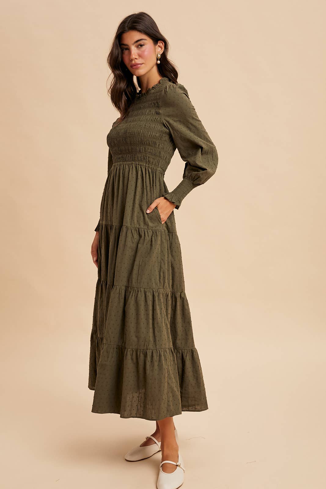 SMOCKED SWISS DOT MAXI DRESS