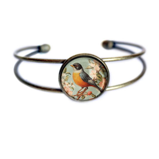Vintage Robin Cottage Core Glass Cabochon Cuff Bracelet