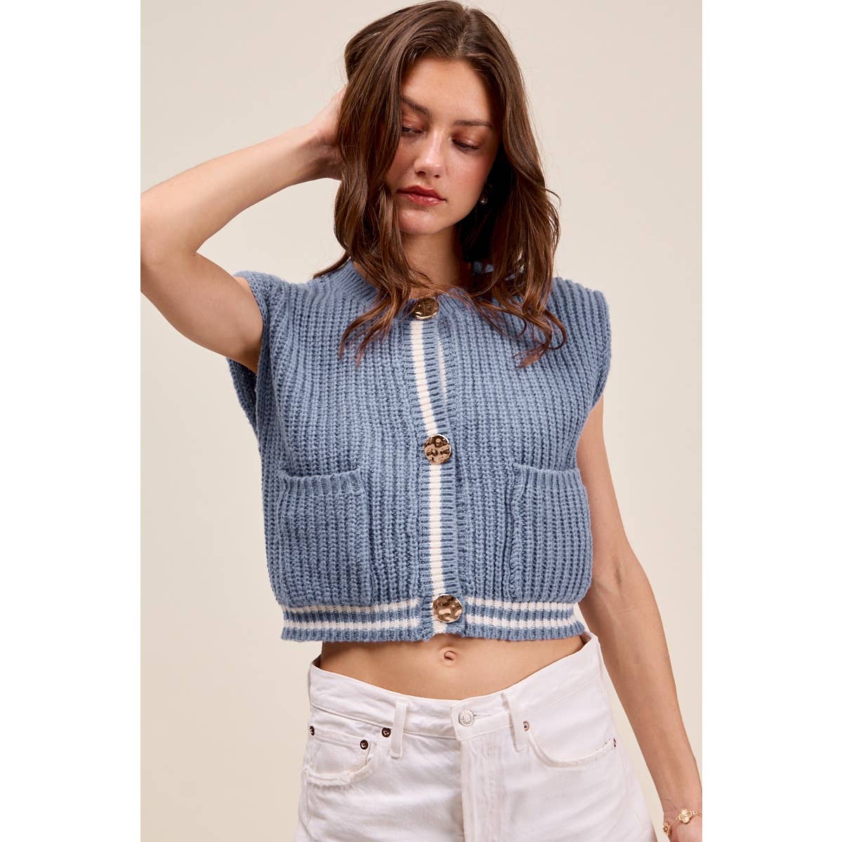 BIG METAL BUTTON FRONT STRIPE EDGE KNITTED SWEATER VEST TOP