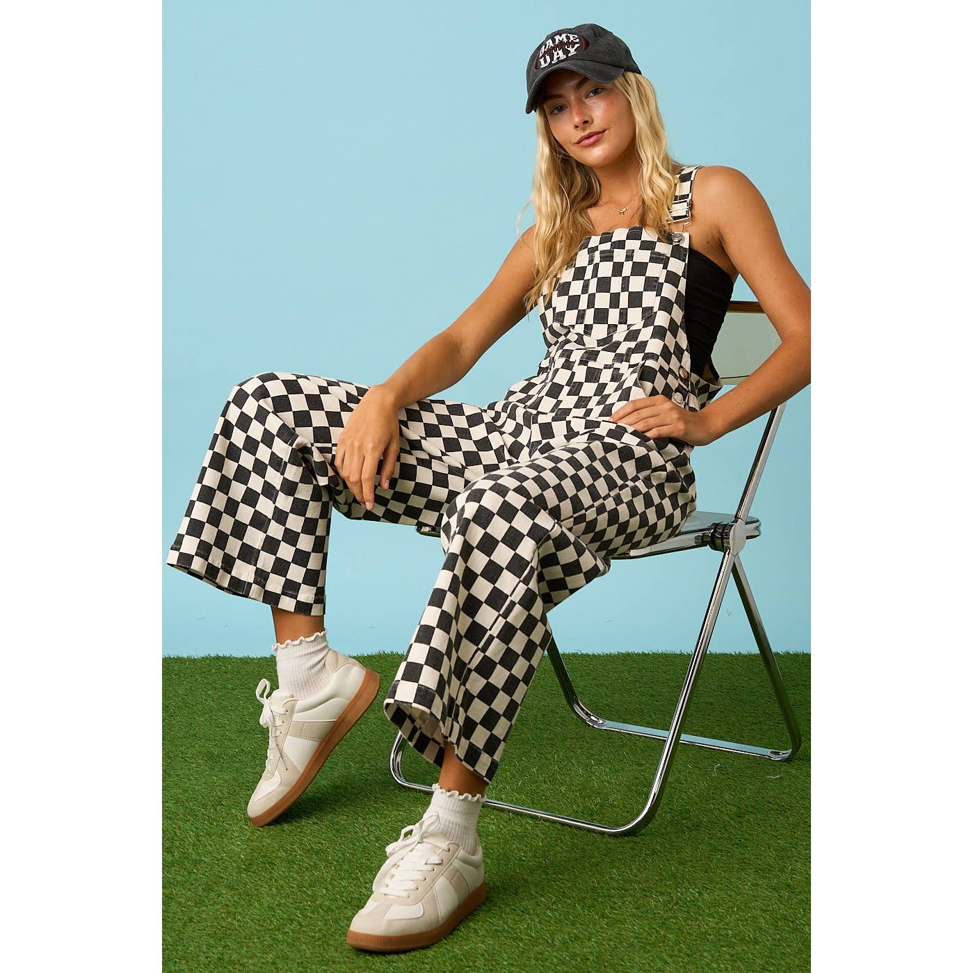 CHECKERED WIDE LEG BIB OVERALLS