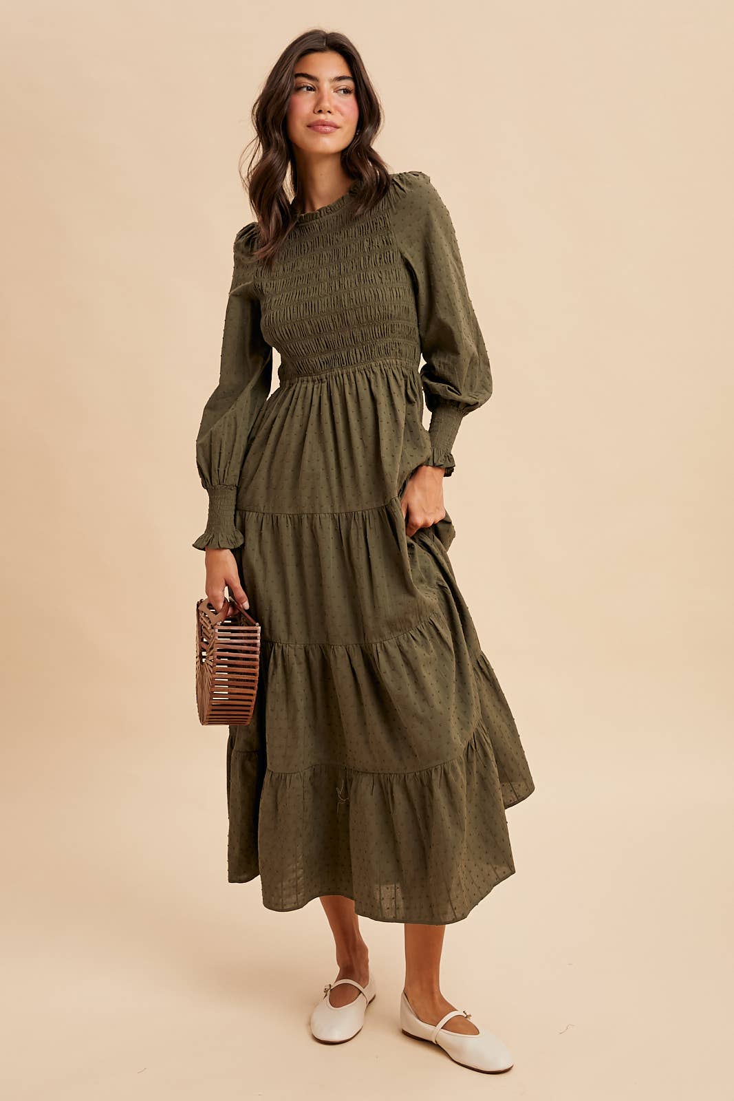 SMOCKED SWISS DOT MAXI DRESS