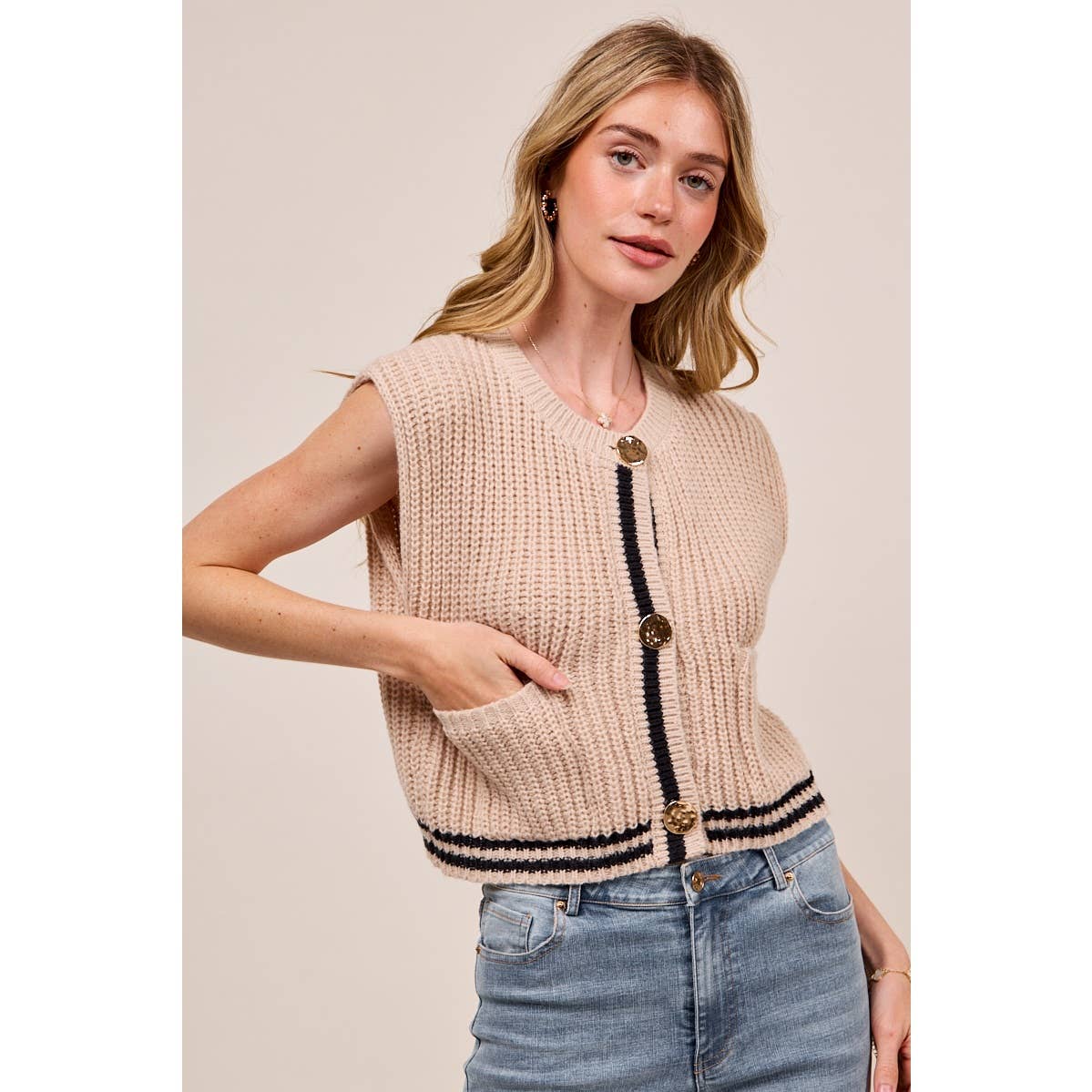 BIG METAL BUTTON FRONT STRIPE EDGE KNITTED SWEATER VEST TOP