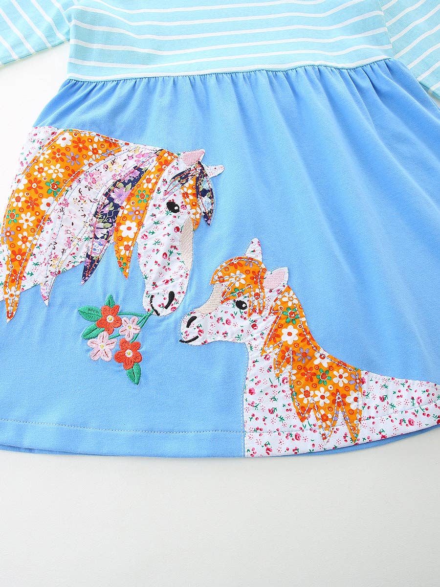 Girls Long Sleeve Cotton Dress with Pony Embroidery