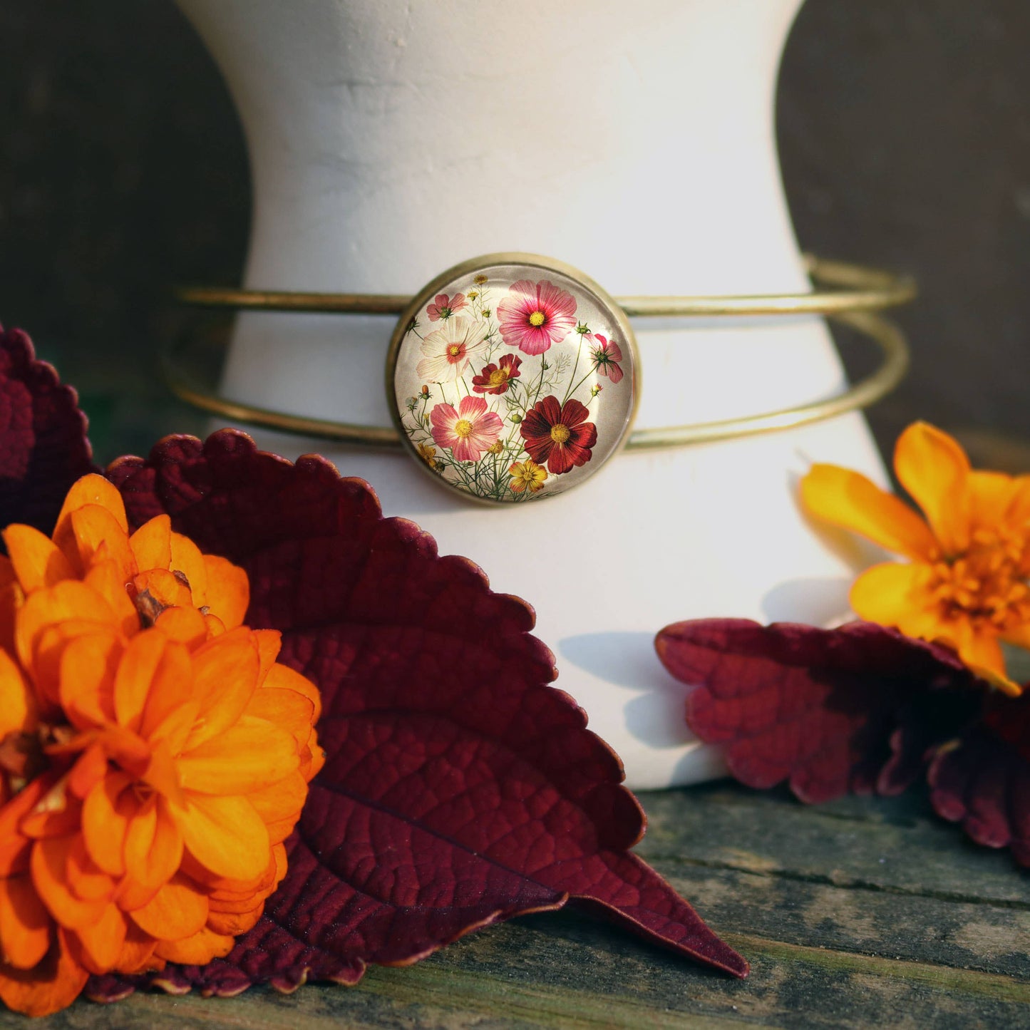 Cosmo Flowers Glass Cabochon and Brass Cuff Bracelet