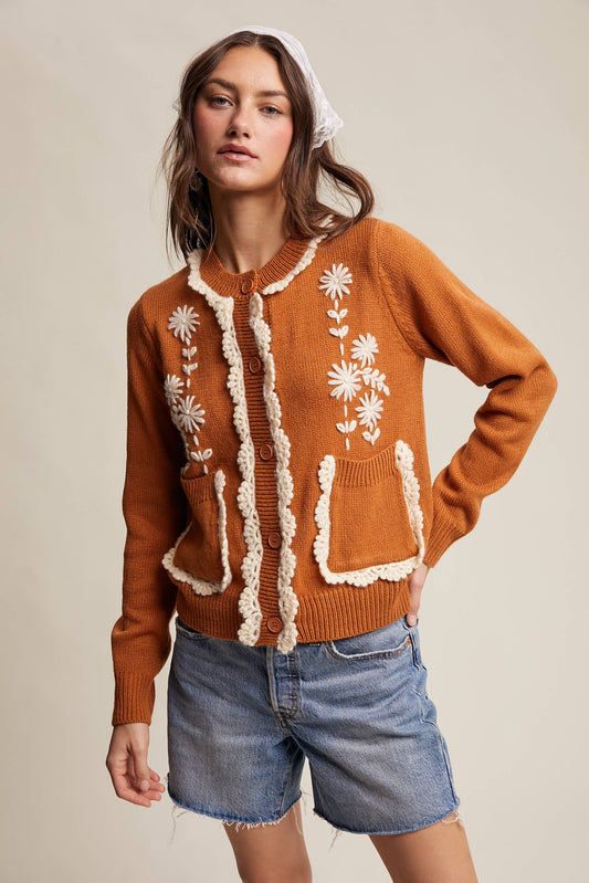 Daisy Embroidered Trim Cardigan Sweater