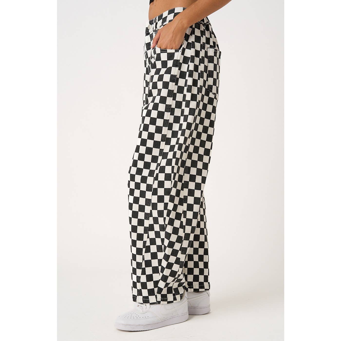 CHECKERED ELASTIC WAIST BARREL PANTS