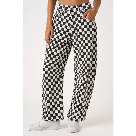 CHECKERED ELASTIC WAIST BARREL PANTS