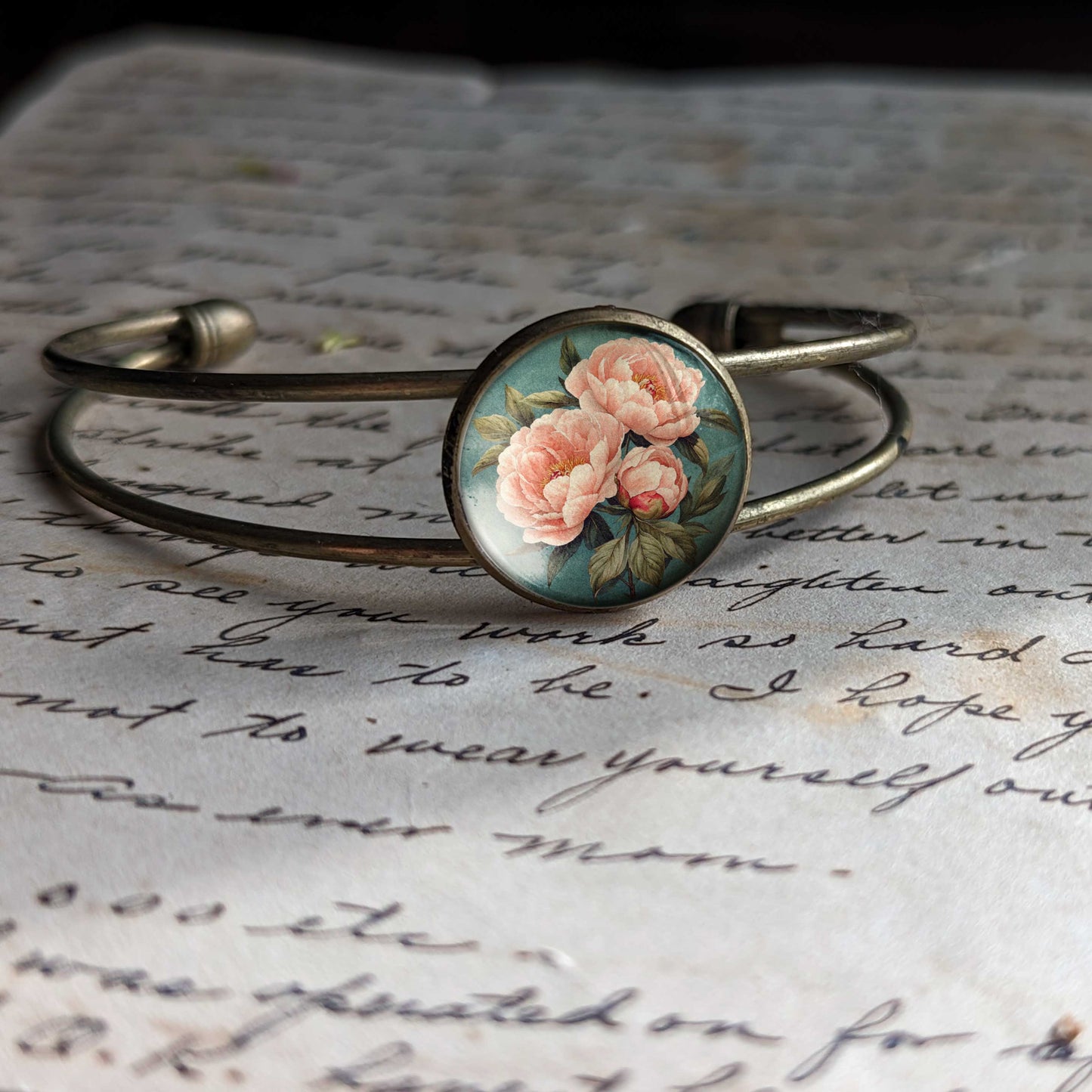 Pink Peony Spring Glass Cabochon Cuff Bracelet