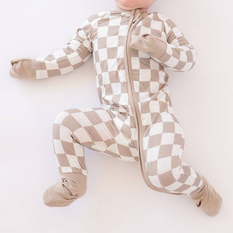 Light Gray Checkerboard Design Bamboo Zipper Romper Pajamas