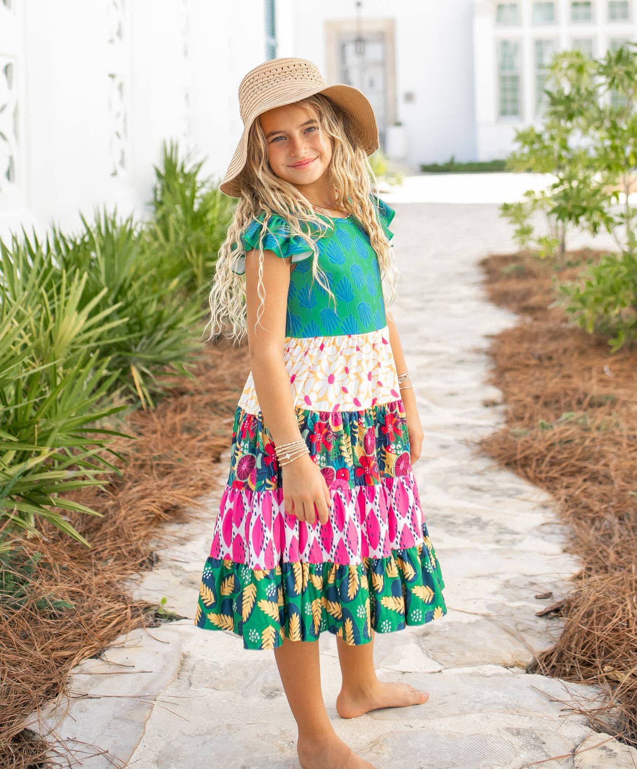 Kids Bright Pink & Green Tropical Tiered Spring Dress