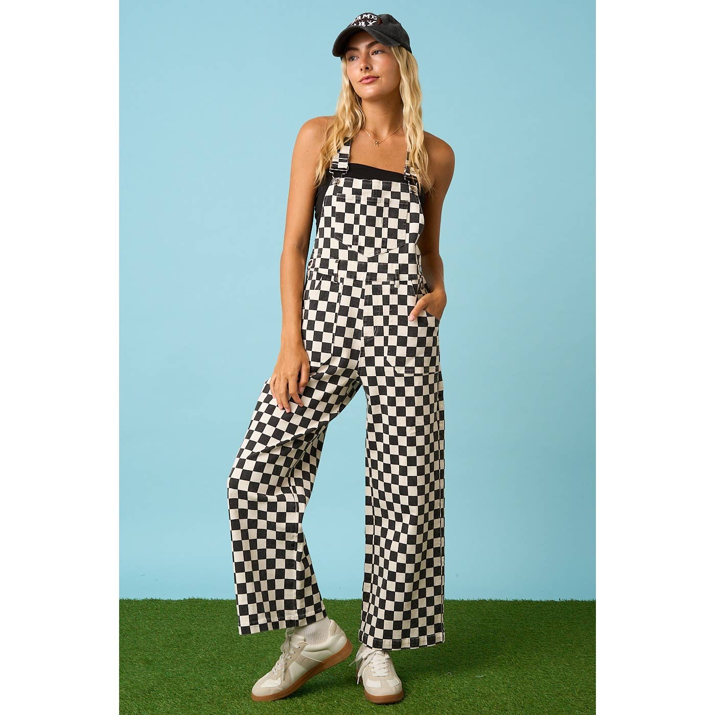 CHECKERED WIDE LEG BIB OVERALLS