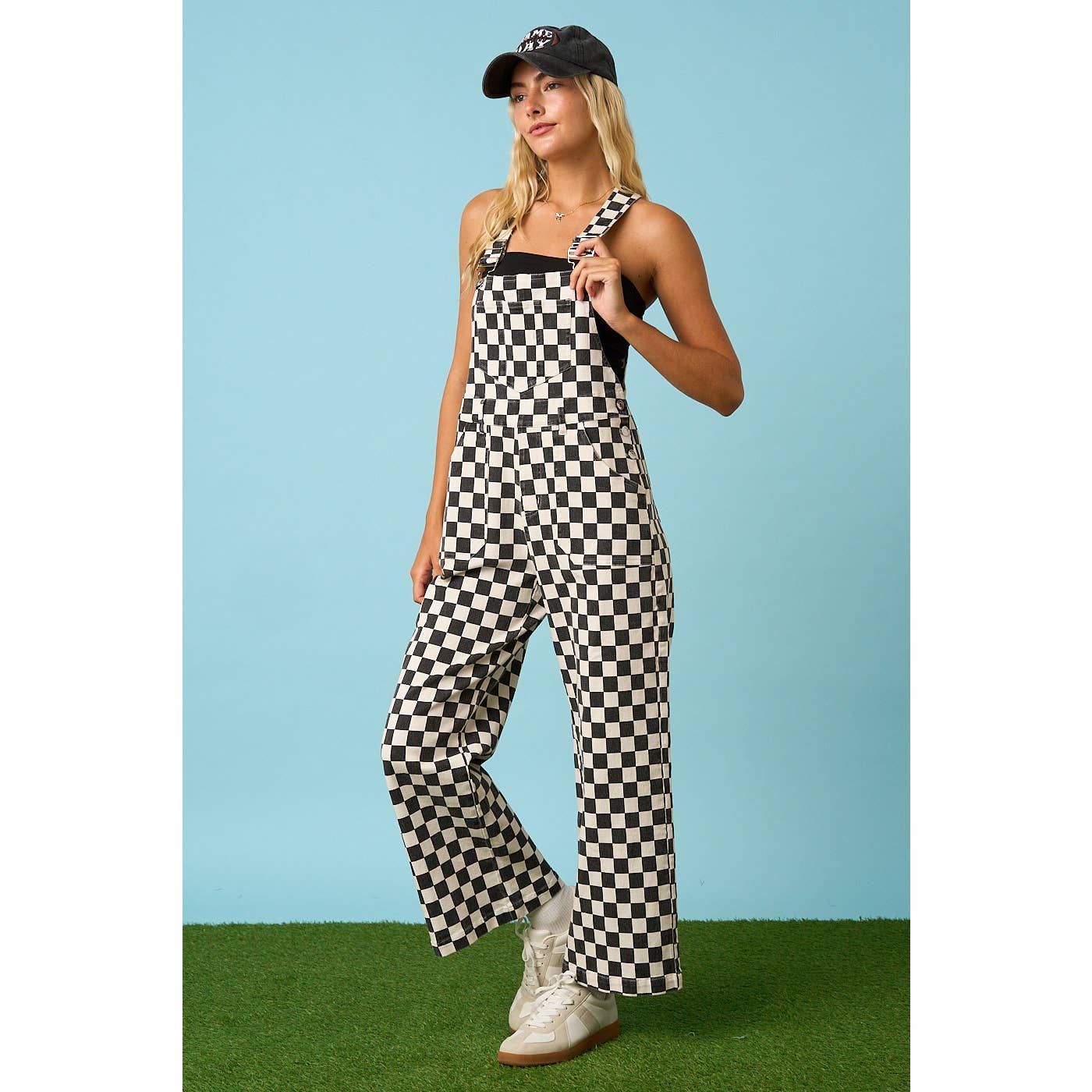 CHECKERED WIDE LEG BIB OVERALLS