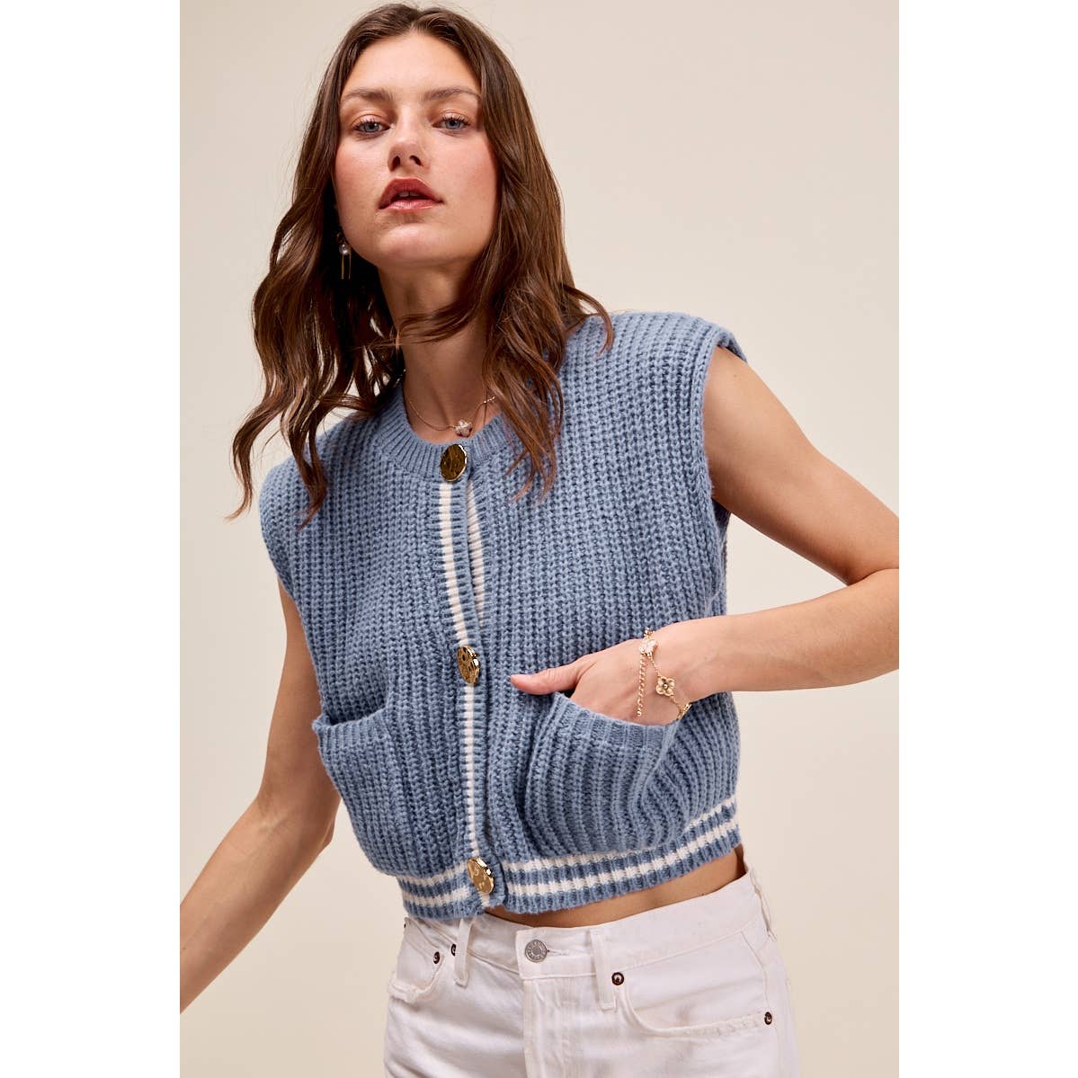 BIG METAL BUTTON FRONT STRIPE EDGE KNITTED SWEATER VEST TOP
