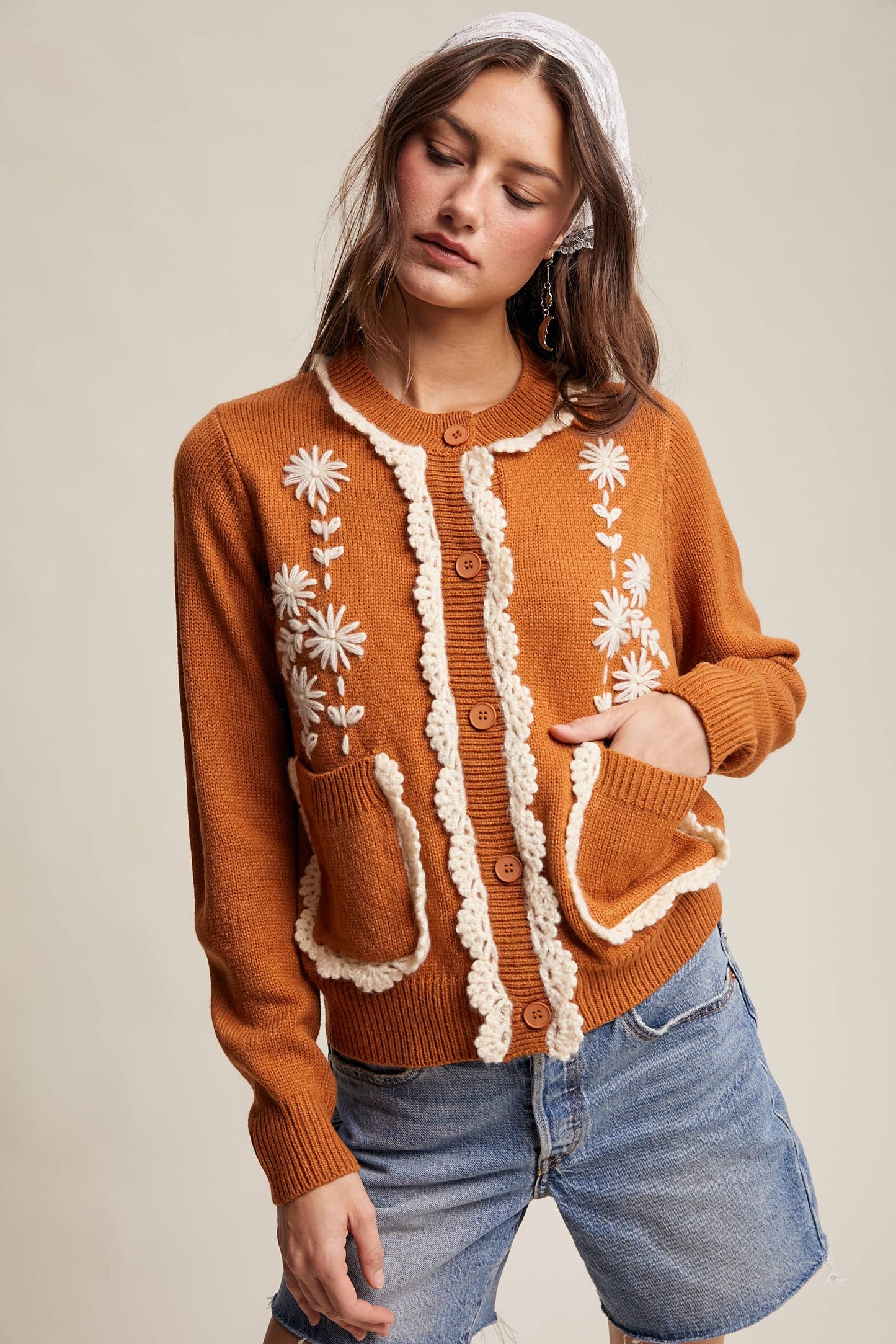 Daisy Embroidered Trim Cardigan Sweater