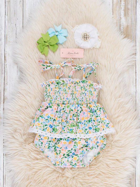 Flowerfield Twirl Smocked Ruffle Bubble Romper