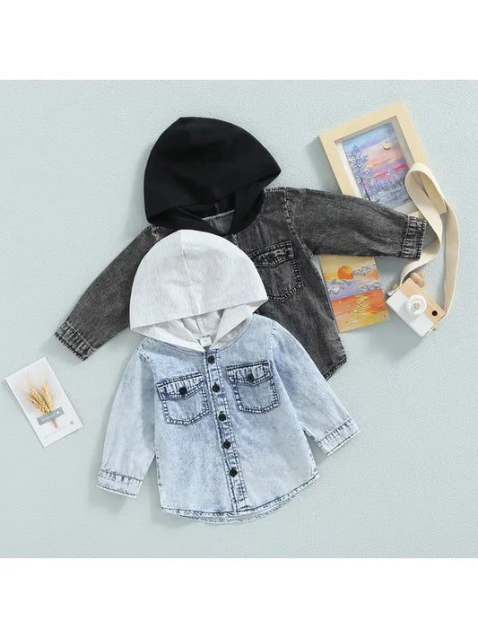 Kids Hooded Denim Button-Up - Black