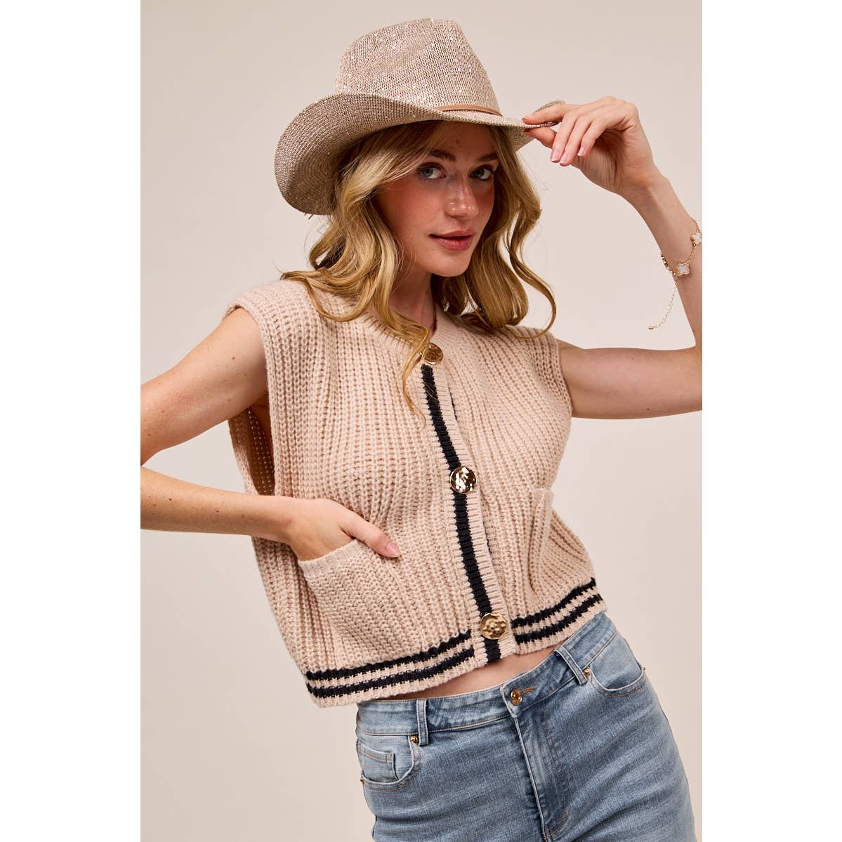 BIG METAL BUTTON FRONT STRIPE EDGE KNITTED SWEATER VEST TOP