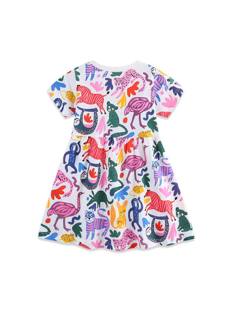 Cartoon Animal Print Short Sleeve Dress for Girls