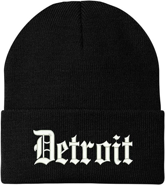 Old English Font Detroit City Embroidered Long Cuff Beanie