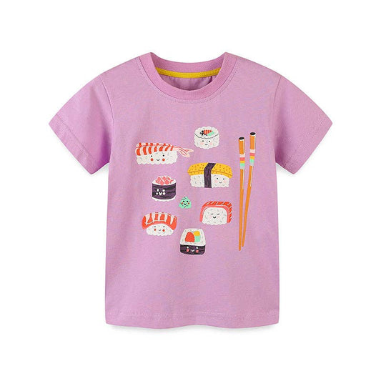 Cartoon Print Short Sleeve T-Shirt for Girls Cotton Knit Top