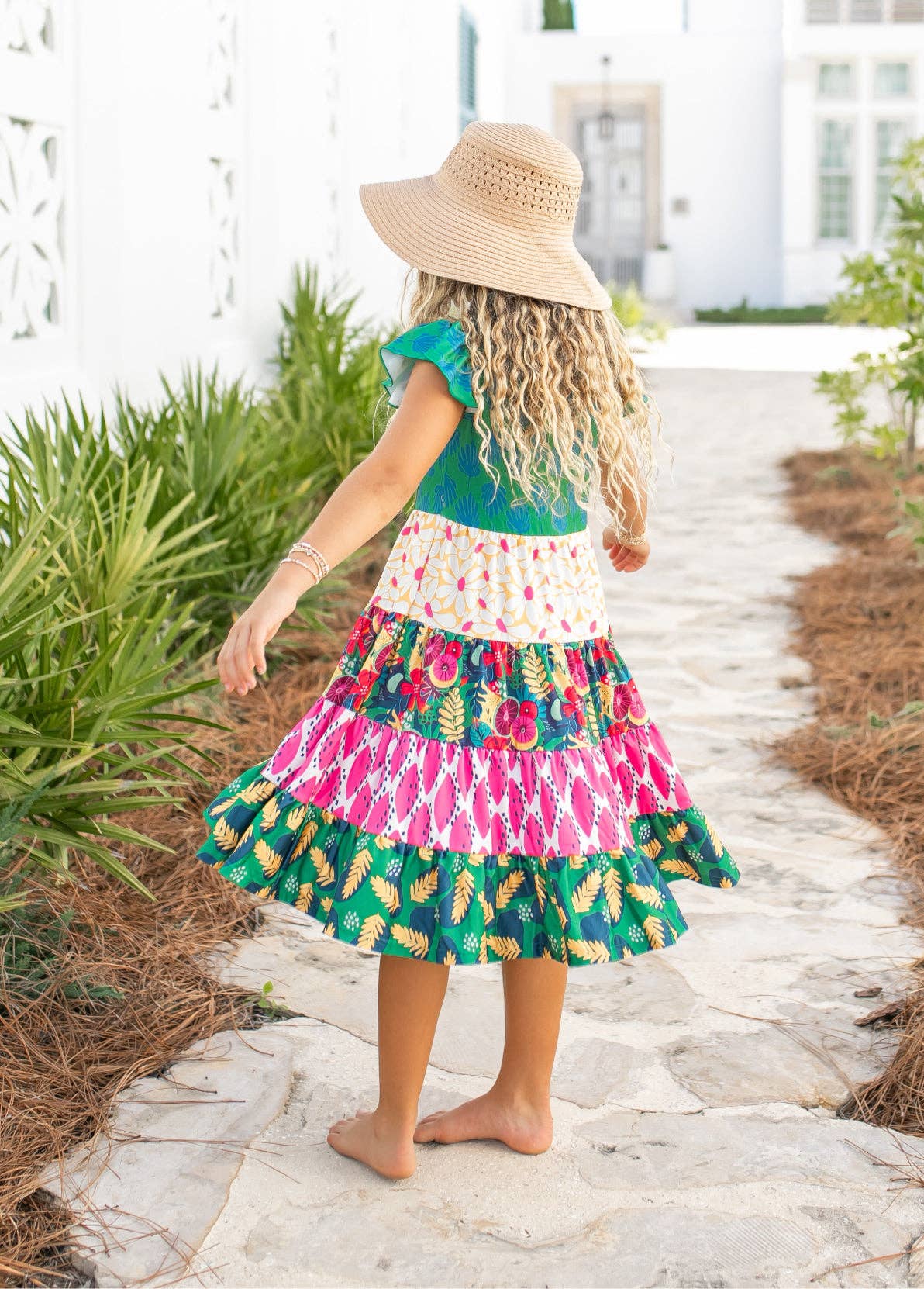 Kids Bright Pink & Green Tropical Tiered Spring Dress