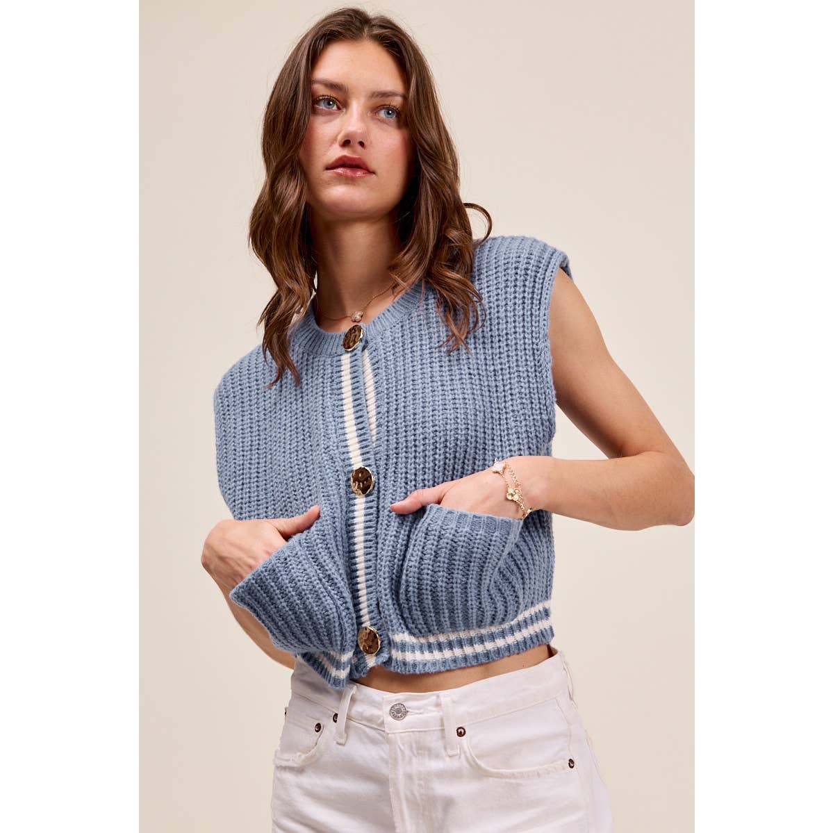 BIG METAL BUTTON FRONT STRIPE EDGE KNITTED SWEATER VEST TOP