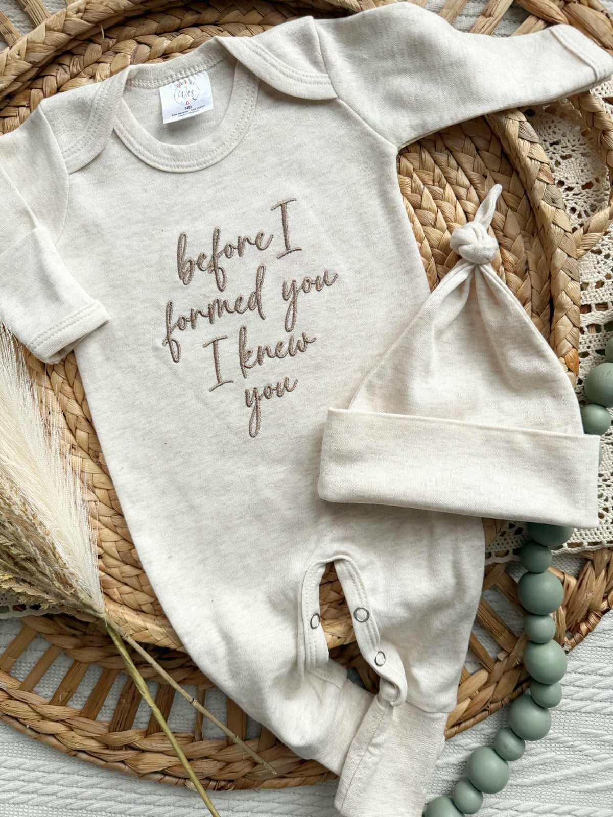 Baby Romper | Before I Formed You - Taupe/Oatmeal script