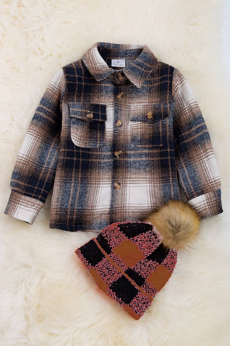 BROWN/BLACK PLAID SHACKET WITH FRONT POCKETS