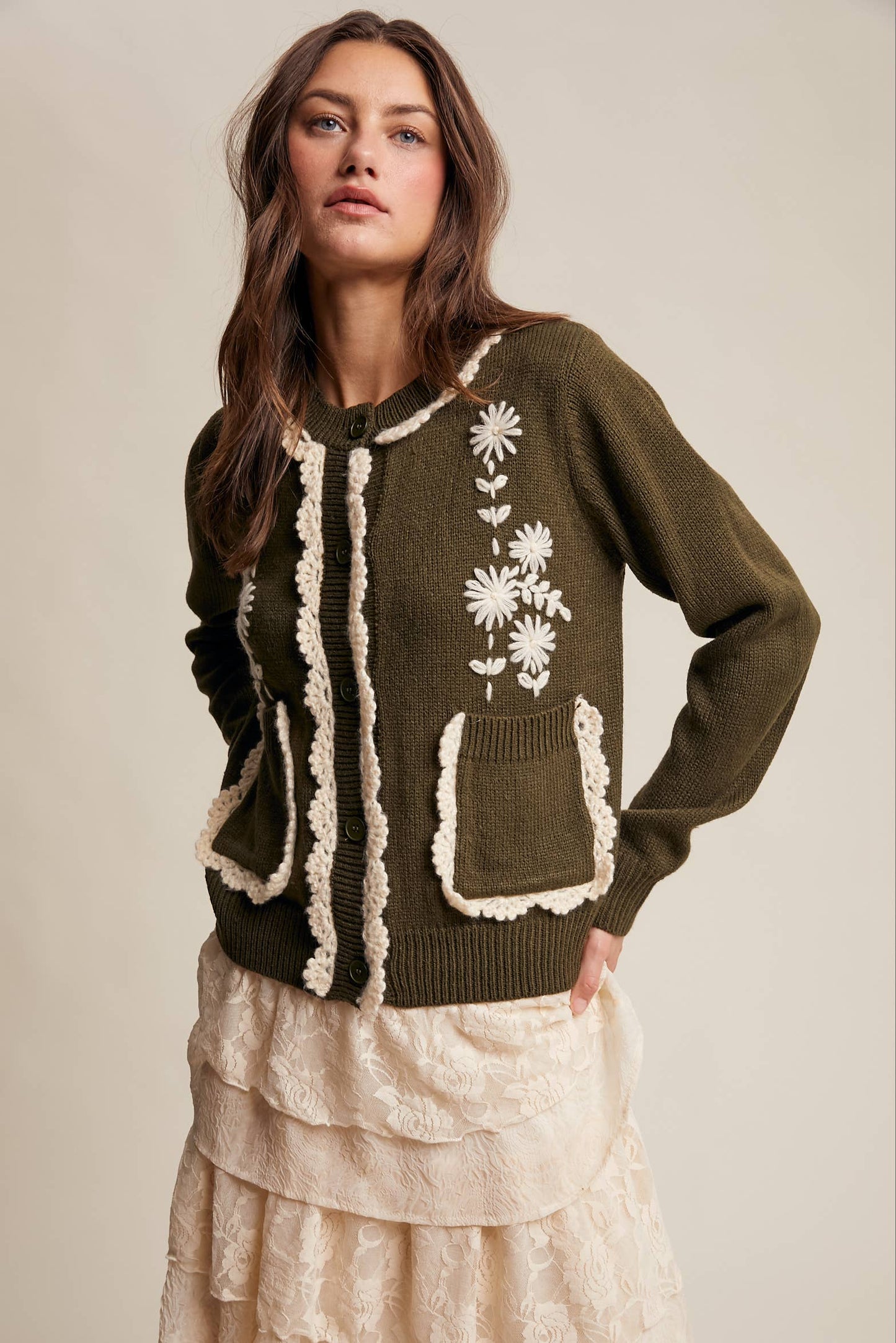 Daisy Embroidered Trim Cardigan Sweater