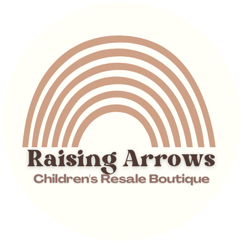 Circle logo with a light orange rainbow and the words Raising Arrows Children's Resale Boutique below