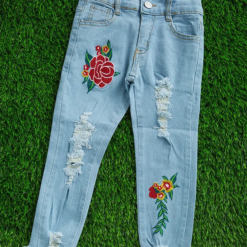 Skinny Fit Denim Jeans w/ Embroidered Roses