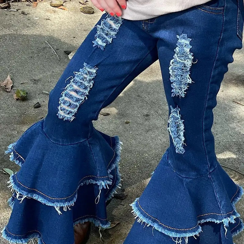 Denim Blue Distressed Bell Bottom