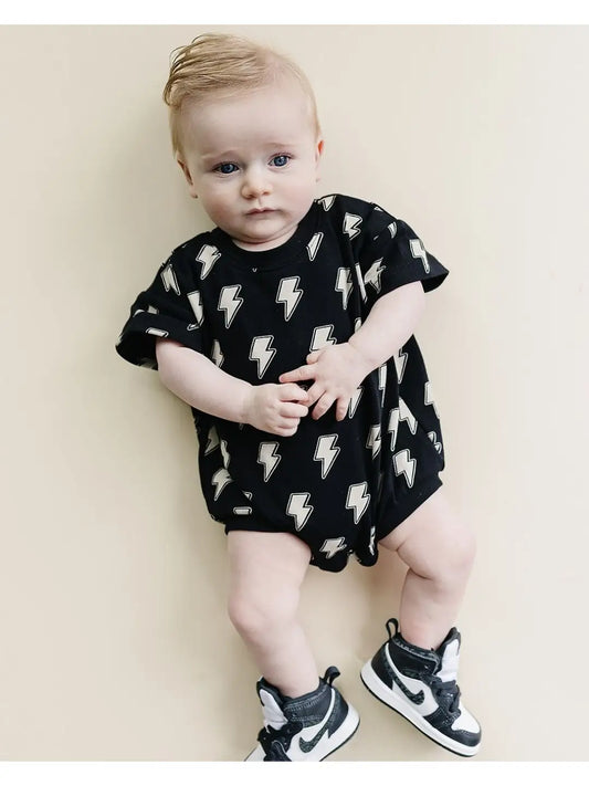 Short Sleeve Bubble Romper | Black Bolts